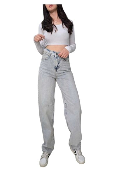 TRENDNATUREL Ice Blue Buckle Detailed Baggy Jeans - Snow Top Chemical, Super High Waist Lycra Free