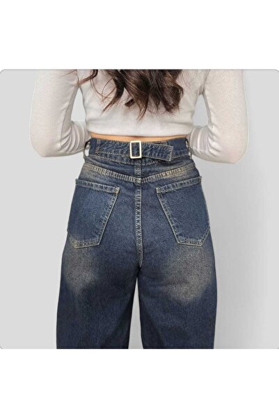 Livik Baggy Jeans Buckle Detailed Navy Blue Top Coffee Tint Chemical Super High Waist Lycra Free