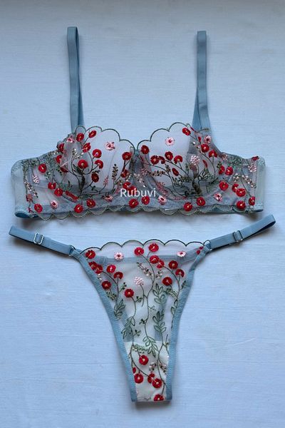 Rubuvi Lucy Women's Floral Underwire Lace Tulle Bralet Underwear Panties Bra Set Lingerie Set