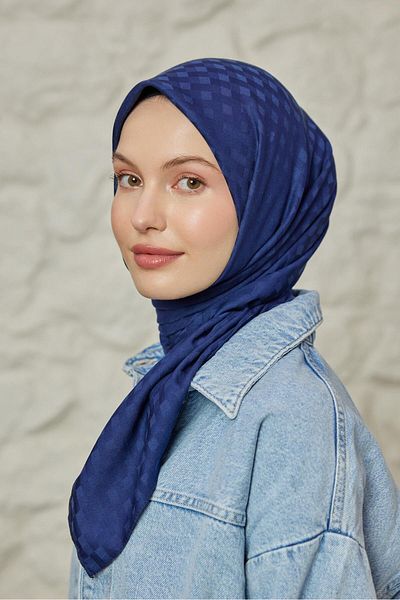 Şalland Dama Pattern Jacquard Scarf Navy Blue