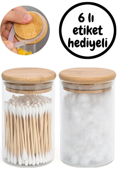 2'li Vakumlu Etiketli Ahşap Kapaklı Banyo Düzenleyici Kulak Pamuğu Dolap İçi Düzenleyici Pamuk İp