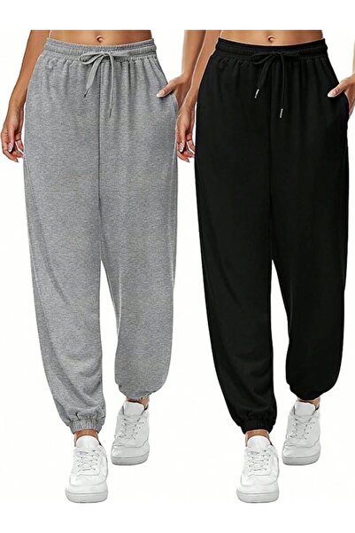 JustBS Pantaloni de trening pentru femei, negru, gri, cu croiala larga, pache...