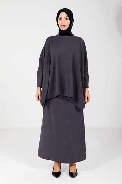 Beyza Gray Knitwear Hijab Skirt Tunic - 9093