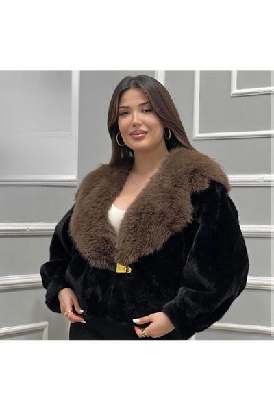 Natavanbutık Faux Brown Collar Black Coat