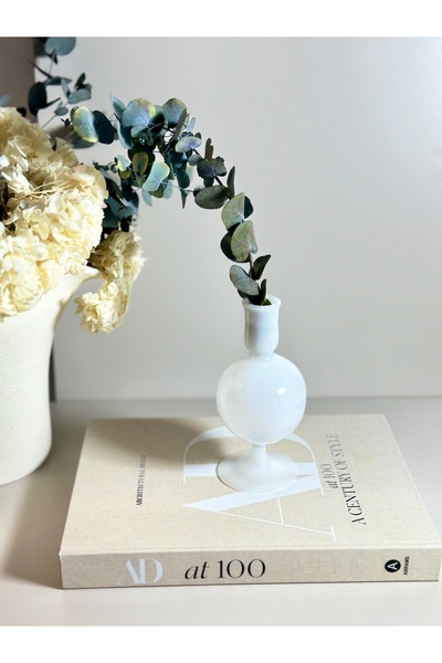 Shura Homeware Üfleme Cam Top Şamdan Beyaz Cam El Yapımı Mumluk