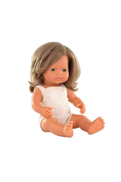 Miniland Doll 38 cm, European girl with dark blonde hair, dressed in knitted overalls