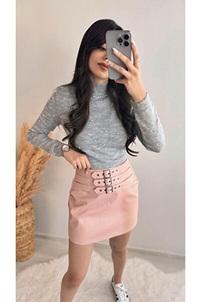 Sedaunlu Fune Fusta din piele roz cu detaliu curea