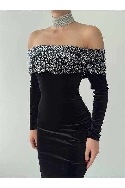 BETULAKSUBUTİK Μίντι Premium Μαύρο Βελούδινο Φόρεμα με κέντημα με παγιέτες