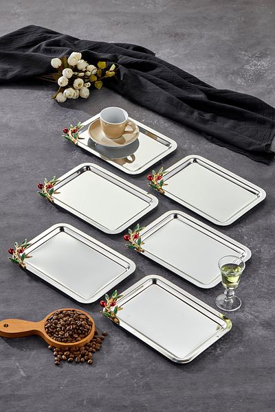 Milenay Elegante Noir Series, Chrome Presentation Promise Engagement Tray with Bacche Rosso Handle Pattern, 22X16Cm, 6 Pieces