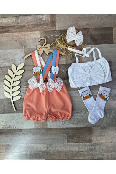 Feriatolye El yapımı Kız bebek diş buğdayı somon renk salopet çorap crop takımı