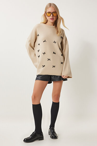 Lovelyİstanbul Υπερμεγέθη σκούρο μπεζ πλεκτό πουλόβερ - Λεπτομέρεια φιόγκου L...