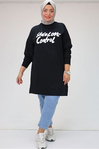 Moda Rosa 25K48080 - Dark Blue - Large Size Embossed Printed Two Thread Tunic
