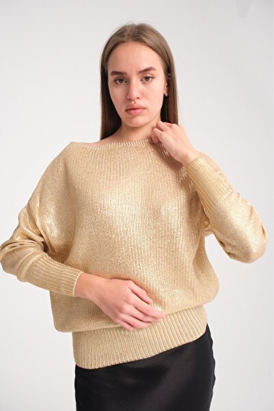 sumoda Kadın Parlak Varak Baskı Işıltılı Uzunkol Triko kazak