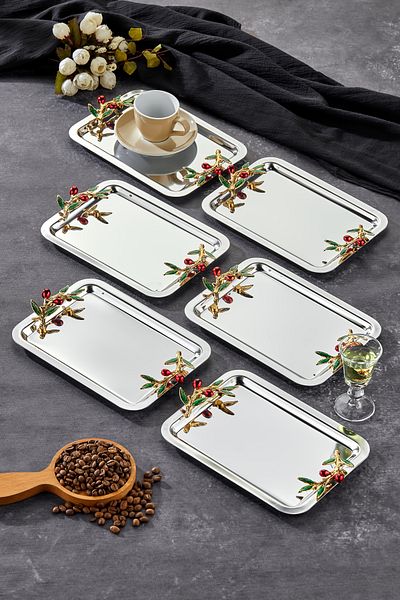Milenay Elegante Noir Series, Duo Bacche Rosso Handle Patterned Chrome Presentation Promise Engagement Tray, 22X16Cm, 6 Pieces