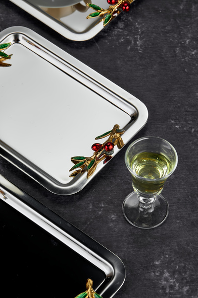 Milenay Elegante Noir Series, Duo Bacche Rosso Handle Patterned Chrome Presentation Promise Engagement Tray, 22X16Cm, Single Piece