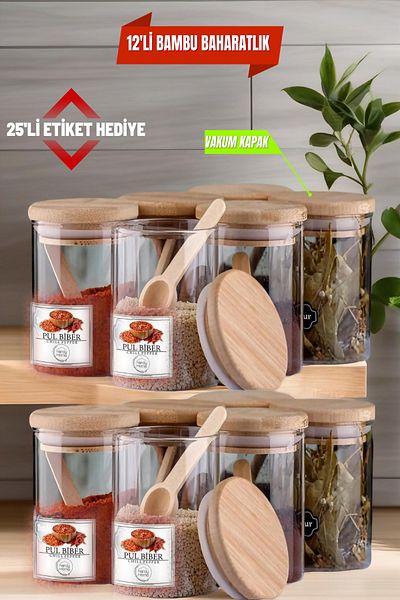 Open Home Concept 200ml Borosilicate Spice Rack - 12 Pieces Glass Vacuum Bamboo Lid Storage Container and Snack Bowl