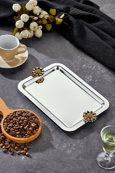 Milenay Noir Elegant Duo Fiore Chrome Presentation Tray - Handle Pattern, 22X16Cm, Single Piece