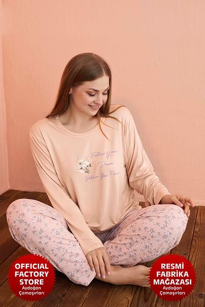 Aydoğan Plus Size Powder Viscose Pajamas Set - Crew Neck, Long Sleeve B3-4 - 19156 - Aydogan ®