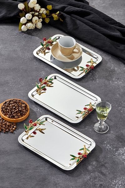 Milenay Elegante Noir Series, Duo Bacche Rosso Handle Patterned Chrome Presentation Promise Engagement Tray, 22X16Cm, 3 Pieces