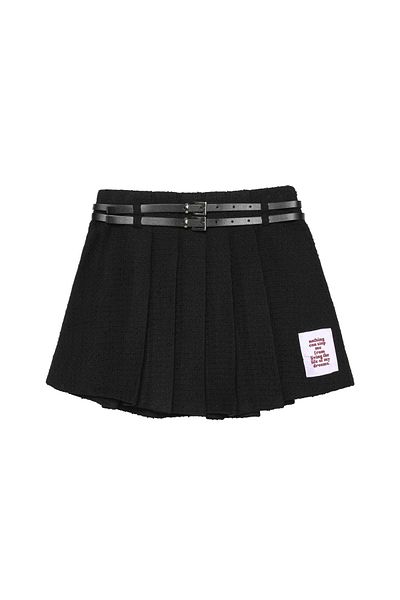 Quzu Fusta mini din tweed negru - plisată cu accesoriu pentru curea
