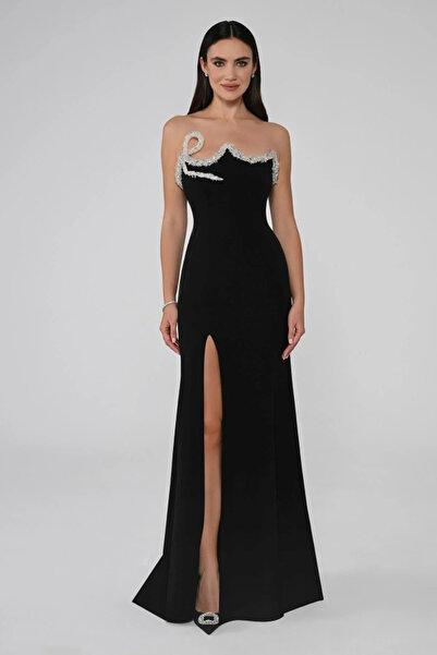 ALFABETA STRAPLEZ TAŞLI YAKA DETAYLI ASİMETRİK KESİM YIRTMAÇLI ŞIK ABİYE ELBİSE