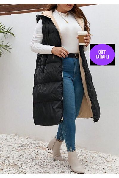 FOR ESRA BIG TREND Women's Plus Size Hooded Padded Puffer Long Woven Vest with Double-Sided Pockets