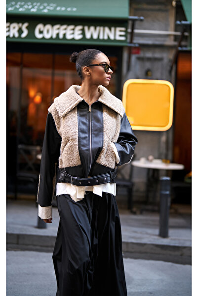 Quzu Black Plush Belted Leather Jacket