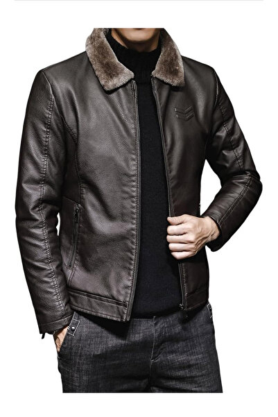 ARDSU Erkek Suni Deri Ceket Klasik Kürk Yaka , İci Ve Yakası Kürk, Tam Fermua...