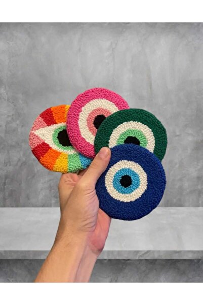 Cotton Crafty El Yapımı 4lü Punch Needle Nazar Boncuğu Göz Desenli Mug Rug Bardak Kahve Sunum Altlığı