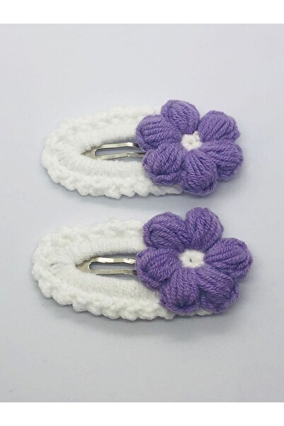 İnDerin Set de 2 agrafe de păr tricotate cu motiv de flori violet (5 cm)