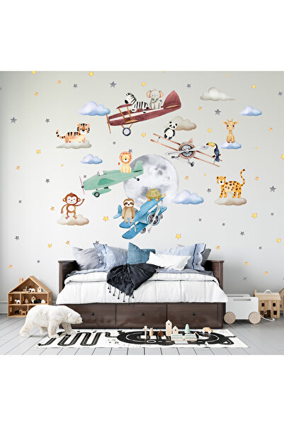 Happy Kid Rooms Sevimli Hayvanlar Renkli Uçaklar ve Ay Yıldız Çocuk Odası Duv...