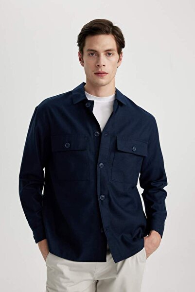 DeFacto Relax Fit Polo Yaka Gömlek Ceket NAVY
