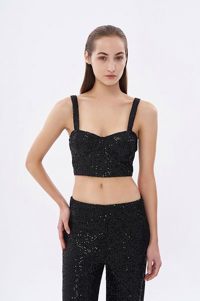 Quzu Schwarze Bustierbluse mit Pailletten