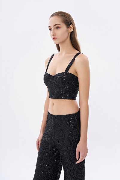 Quzu Schwarze Bustierbluse mit Pailletten