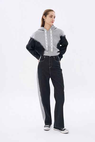 Quzu High Waist Match Detailed Black Denim Trousers