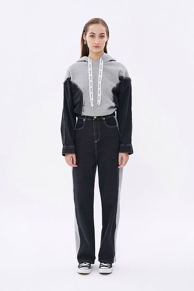 Quzu High Waist Match Detailed Black Denim Trousers