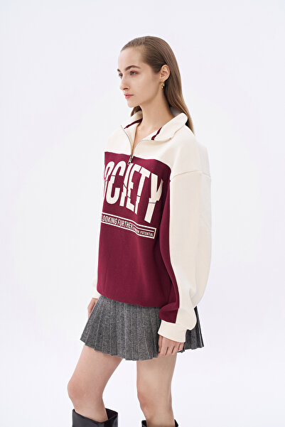 Quzu Beige Color Block Oversize Sweatshirt
