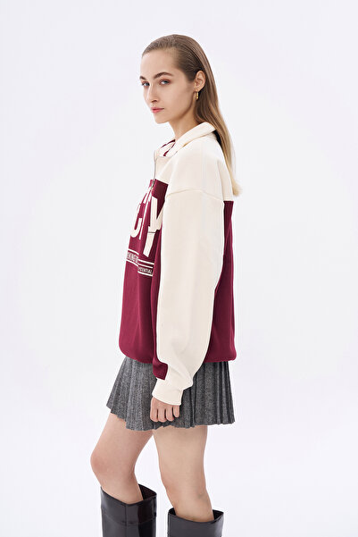 Quzu Beige Color Block Oversize Sweatshirt
