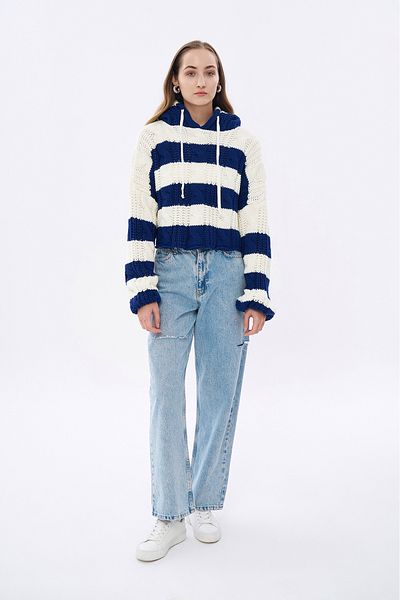Quzu Navy Blue Crop Knitwear Sweater - Hooded Knit