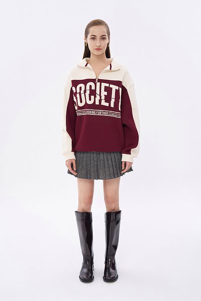 Quzu Beige Color Block Oversize Sweatshirt