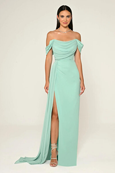 ALFABETA DÜŞÜK KOL STRAPLEZ YAKA YIRTMAÇLI ŞİFON ŞIK ABİYE ELBİSE