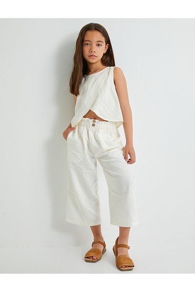 Koton Linen Trousers with Elastic Waist and Button Detail