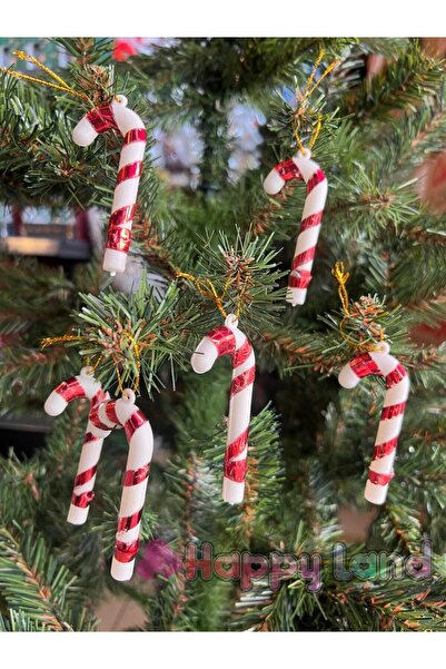 Happyland شجرة صنوبر عيد الميلاد - أحمر أبيض 6 قطع زينة قصب 7 سم