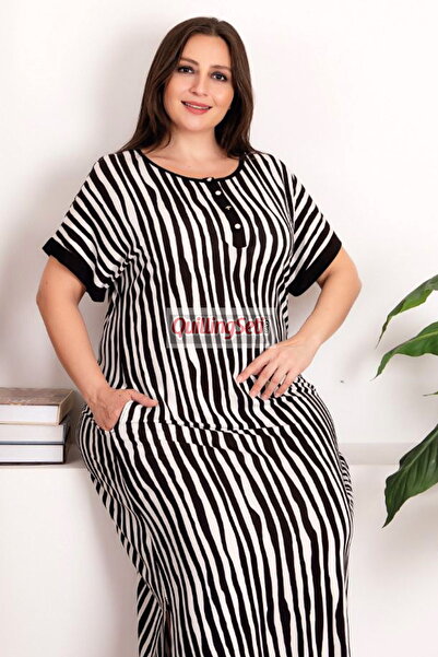 quilling Women's Black and White Line Print Short Sleeve Lady 7256 Plus Size Mother's Nightgown Dress