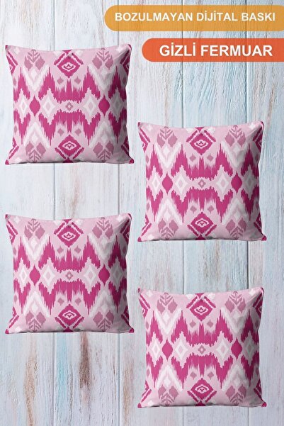 CİMENS 4-Piece Digital Printed Gift Sofa Set - Pink Diagonal Drawing
