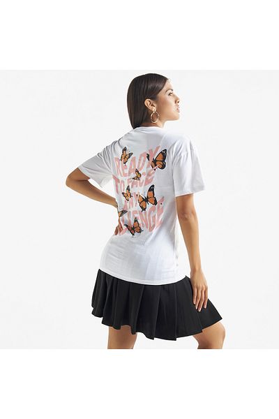 FAV Slogan Butterfly Print T-shirt with Crew Neck and Drop Shoulder Sleeves