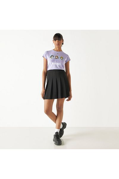 SP Characters Fruits Basket Print T-shirt with Crew Neck and Short Sleeves