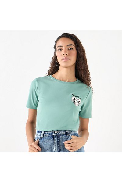 SP Characters Mickey and Minnie Print T-shirt with Crew Neck and Short Sleeves