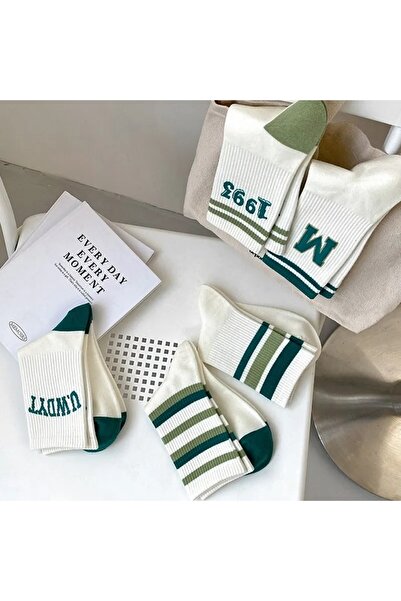 çorapmanya 5 Pairs Multicolor Cute 1903 Patterned Striped Cotton College Tennis Socks