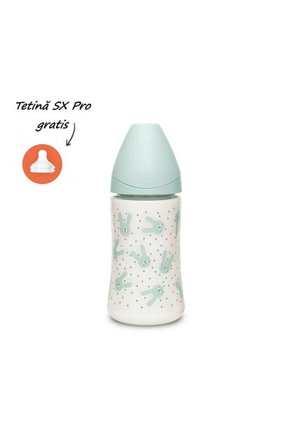 Suavinex Biberon 270 ml cu tetin? rotund? din silicon, 3 fluxuri, iepura? verde Hygge Suavinex